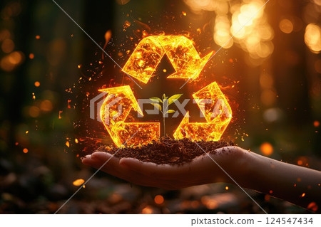 Hand Holding a Tiny Plant Surrounded by a Vibrant Recycle Symbol Created from Glowing Elements, Representing Sustainability and Environmental Awareness in Nature Hand Holding a Tiny Plant Surrounded by a Vibrant Recycle Symbol Created from Glowing Elements, Representing Sustainability and Environmental Awareness in Nature 124547434