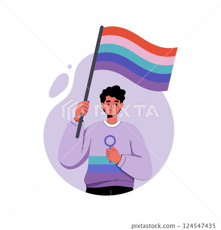 Young man proudly holding a rainbow flag in a flat, minimal design vector illustration Young man proudly holding a rainbow flag in a flat, minimal design vector illustration 124547435