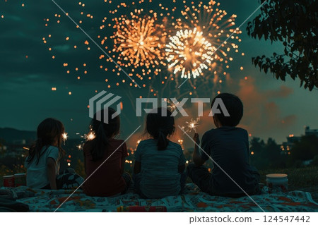 Children Enjoying Fireworks Display at Night Children Enjoying Fireworks Display at Night 124547442