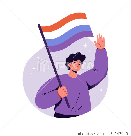 Young man waving a flag in celebration, colorful flat design vector illustration Young man waving a flag in celebration, colorful flat design vector illustration 124547443