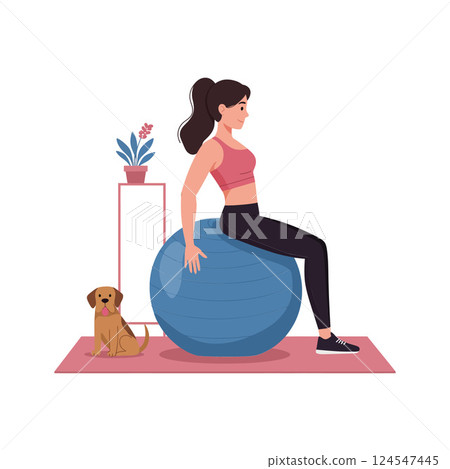 Woman exercising on a blue stability ball with a playful dog beside her in flat vector art Woman exercising on a blue stability ball with a playful dog beside her in flat vector art 124547445