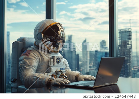 Astronaut in Space Suit Typing at Office Desk with City View, Blending Boundaries of Space and Business in Surreal Light 124547448