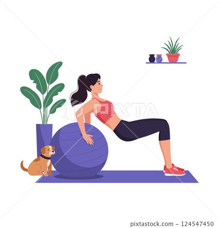 Woman exercising on a gym ball with a playful dog beside her in a flat vector illustration 124547450
