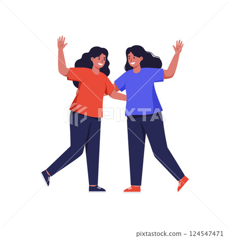 Two cheerful friends in colorful outfits celebrating together in a flat vector illustration 124547471