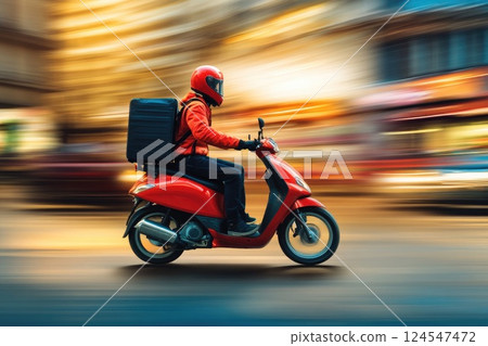 A man in a red jacket is riding a red scooter 124547472