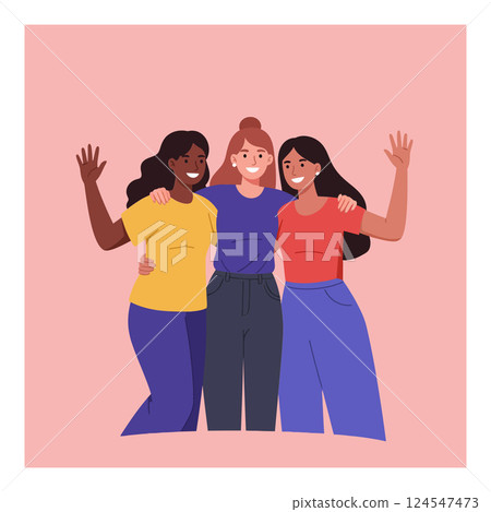 Three diverse women smiling together in casual outfits with a flat design style vector illustration 124547473