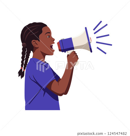 Young girl shouting into a megaphone in a minimal vector illustration showcasing energy and enthusiasm Young girl shouting into a megaphone in a minimal vector illustration showcasing energy and enthusiasm 124547482