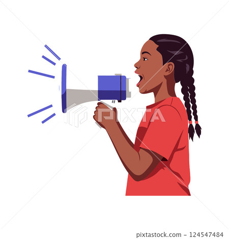 Young girl passionately speaking into a megaphone in a flat vector illustration Young girl passionately speaking into a megaphone in a flat vector illustration 124547484