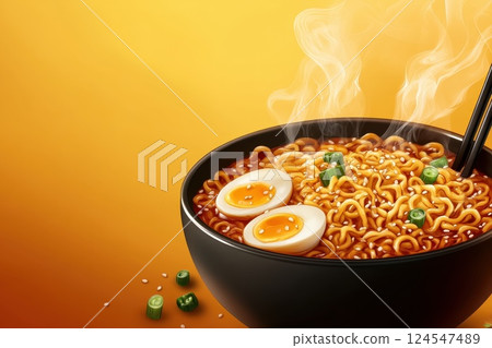 Steaming Cup of Ramen with Floating Noodles and Sliced Eggs in Black Bowl 124547489