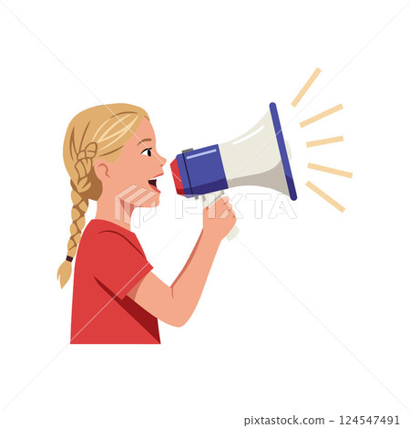Girl with braided hair enthusiastically speaking into a megaphone in flat vector art Girl with braided hair enthusiastically speaking into a megaphone in flat vector art 124547491