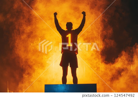 Champion Runner Standing Proudly on Podium with Glowing Excitement and Dramatic Smoke 124547492
