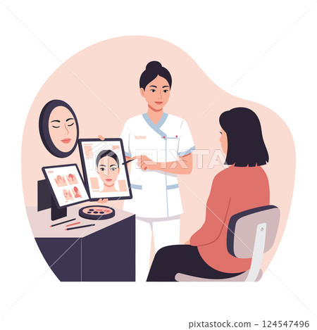 Professional woman demonstrating makeup techniques to a client in a minimal vector illustration Professional woman demonstrating makeup techniques to a client in a minimal vector illustration 124547496