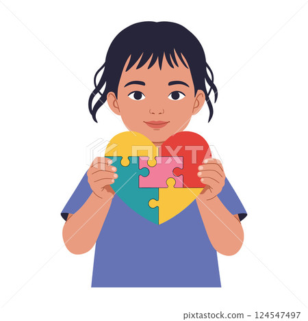 A young girl holding a colorful puzzle heart in a minimal vector illustration 124547497