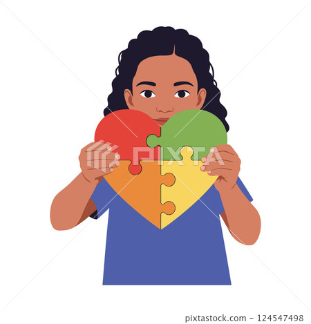 Child holding a colorful puzzle heart showing connection and unity in flat vector art 124547498