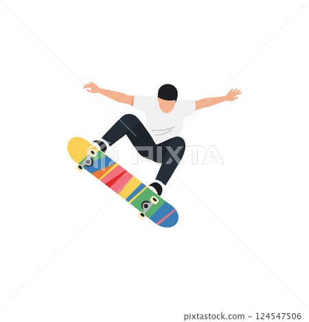 Skateboarder performing a mid-air trick in a vibrant flat design vector illustration Skateboarder performing a mid-air trick in a vibrant flat design vector illustration 124547506
