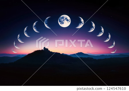 Captivating Moon Phases Over Majestic Landscape at Twilight Captivating Moon Phases Over Majestic Landscape at Twilight 124547610