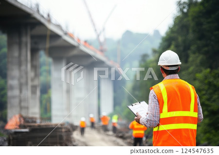 Safety Inspector in Neon Orange Vest Overseeing Construction Project in Background 124547635
