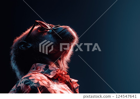 Charismatic Gorilla in Floral Hawaiian Shirt with Sunglasses Against Dark Background 124547641
