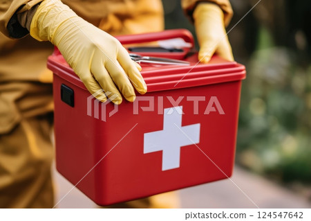 Close Up of Gloved Hand Reaching for Emergency Kit in Outdoor Setting 124547642