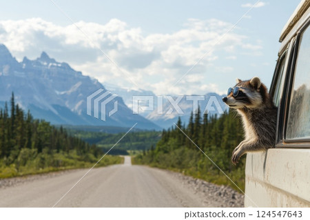 Playful Raccoon Sitting in Trendy Sunglasses Enjoying Scenic Mountain View from Car Window 124547643