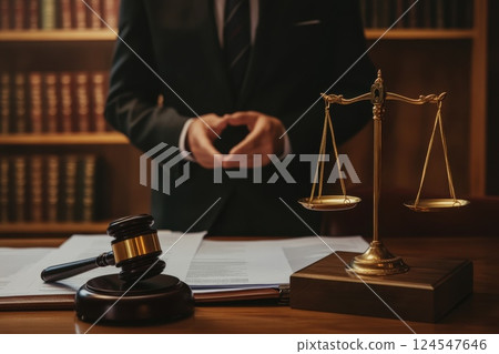 Professional lawyer presenting legal matters in an office setting with scales of justice 124547646