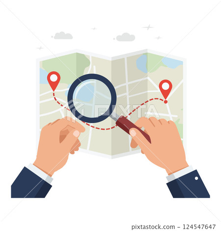 Hands holding a map with a magnifying glass exploring a route in flat vector illustration Hands holding a map with a magnifying glass exploring a route in flat vector illustration 124547647