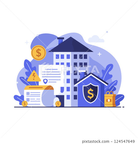 Insurance building with documents, coins, and a secure house in flat vector illustration Insurance building with documents, coins, and a secure house in flat vector illustration 124547649