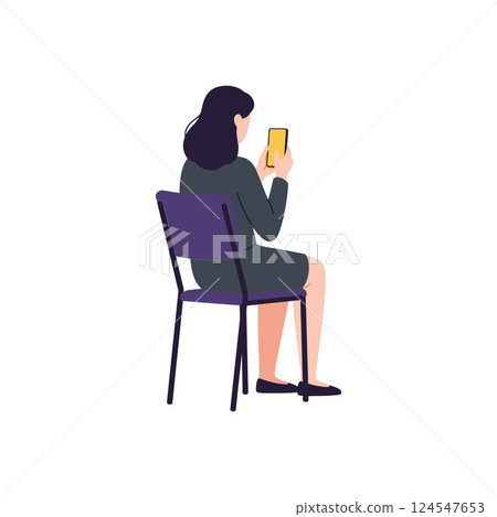 Woman sitting on a chair using a smartphone in a minimal flat design vector illustration Woman sitting on a chair using a smartphone in a minimal flat design vector illustration 124547653