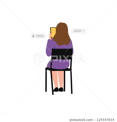 Woman sitting on a chair using a tablet in a minimalistic design style vector illustration Woman sitting on a chair using a tablet in a minimalistic design style vector illustration 124547654
