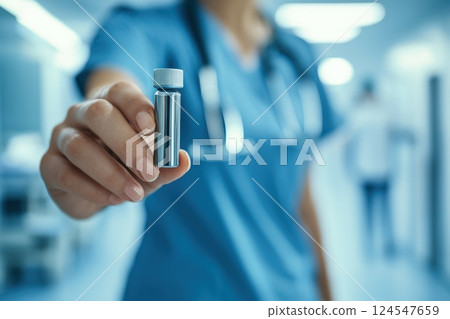 Nurse Holding Vial of Antiseptic in Hospital Setting Close Up with Blurred Background and Focus 124547659