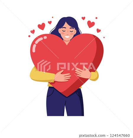 A woman joyfully embracing a large red heart in a flat vector illustration filled with love and positivity 124547660