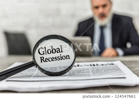 Magnifying Glass Focused on Newspaper Headline about Global Recession in Business Environment 124547661