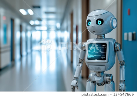 Futuristic Care Center with Robot Nurse Displaying Health Monitoring Information Futuristic Care Center with Robot Nurse Displaying Health Monitoring Information 124547669