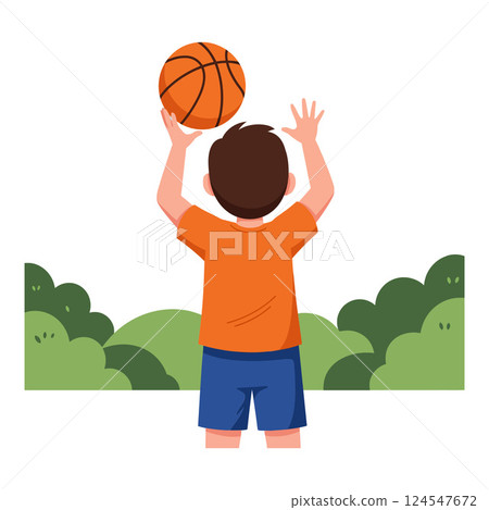 A young boy in an orange shirt preparing to shoot a basketball in flat vector art A young boy in an orange shirt preparing to shoot a basketball in flat vector art 124547672