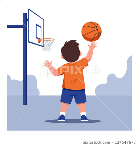 A young boy in an orange shirt shooting a basketball towards a hoop in a flat vector illustration 124547673