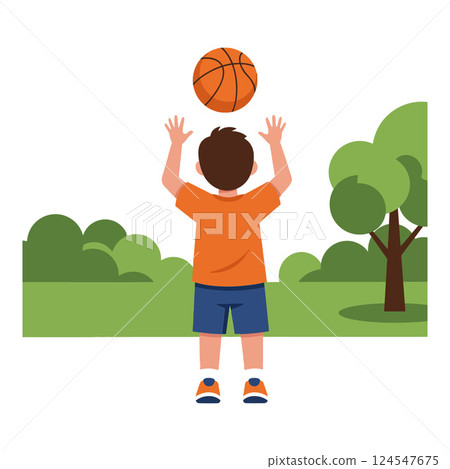Young boy in orange shirt preparing to shoot basketball in a minimalistic outdoor setting vector illustration 124547675