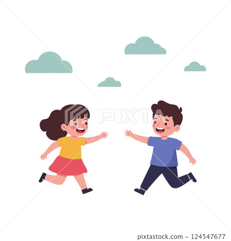 Two joyful children running towards each other in a playful setting, flat vector illustration 124547677