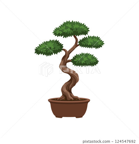 Bonsai tree in a brown pot with twisted trunk and lush green leaves, flat vector illustration 124547692