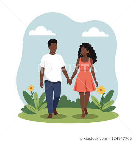 A couple walking hand in hand through a vibrant garden in a flat vector illustration A couple walking hand in hand through a vibrant garden in a flat vector illustration 124547702