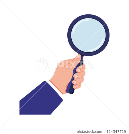 Hand holding a magnifying glass in a blue suit, flat vector illustration emphasizing curiosity and investigation 124547719