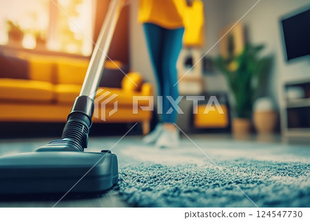 Professional carpet cleaning service in modern home setting with cheerful client 124547730