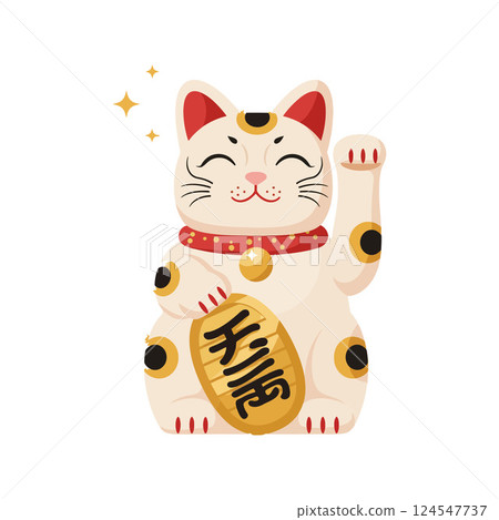 Lucky cat figurine with a smiling face and raised paw in flat vector art Lucky cat figurine with a smiling face and raised paw in flat vector art 124547737