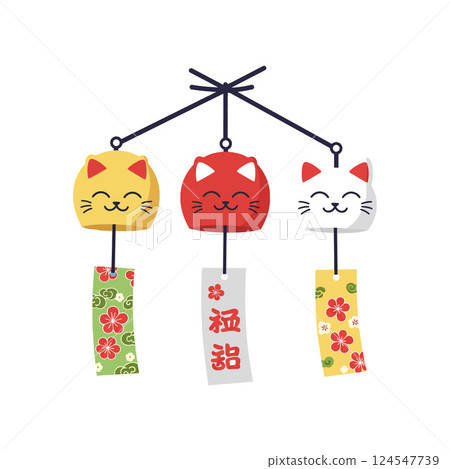 Three smiling cat wind chimes in flat design style showcasing vibrant colors and floral patterns vector art Three smiling cat wind chimes in flat design style showcasing vibrant colors and floral patterns vector art 124547739