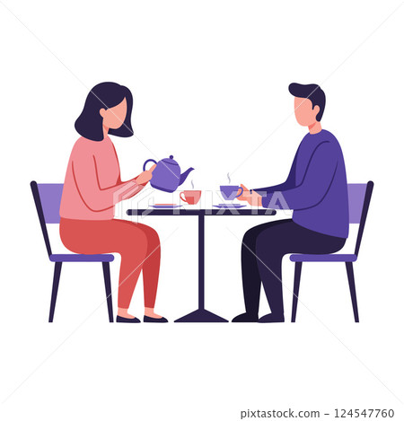 Engaging couple enjoying tea at a table in a cozy cafe, flat vector illustration 124547760