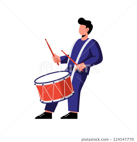 Drummer playing a red snare drum in a flat and colorful vector illustration Drummer playing a red snare drum in a flat and colorful vector illustration 124547770