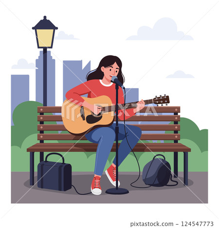 A young woman playing acoustic guitar on a park bench in a flat vector illustration 124547773