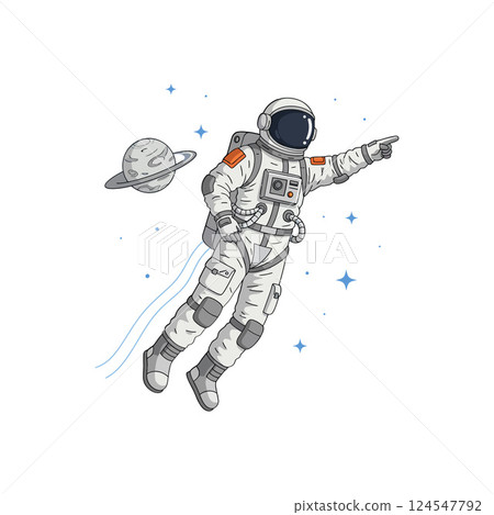 Astronaut in space pointing towards Saturn with stars in a detailed vector illustration 124547792
