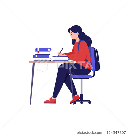 Female student writing notes at a desk with stacked books, minimal vector illustration Female student writing notes at a desk with stacked books, minimal vector illustration 124547807