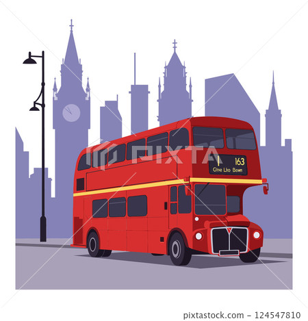 Iconic red double-decker bus in flat design style against London skyline vector art Iconic red double-decker bus in flat design style against London skyline vector art 124547810