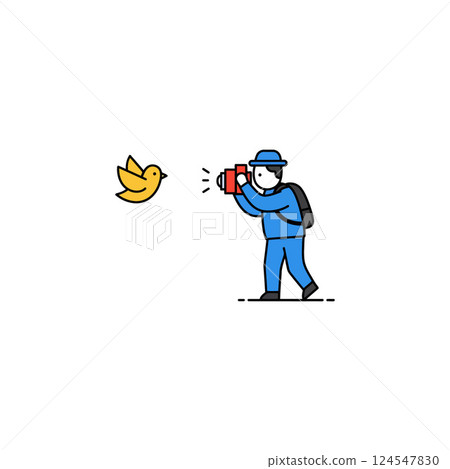 A man photographing a yellow bird in a minimalist flat vector illustration style 124547830